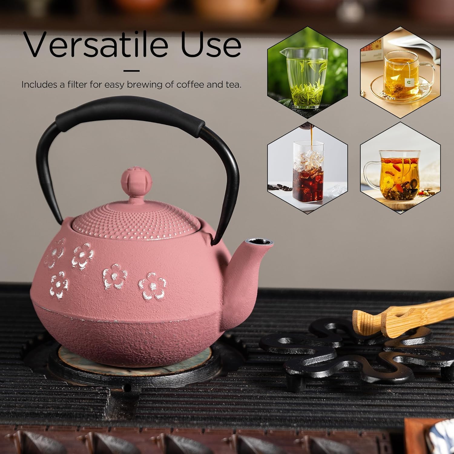 Cast Iron Teapot with Enameled Interior and Plum Blossom Design