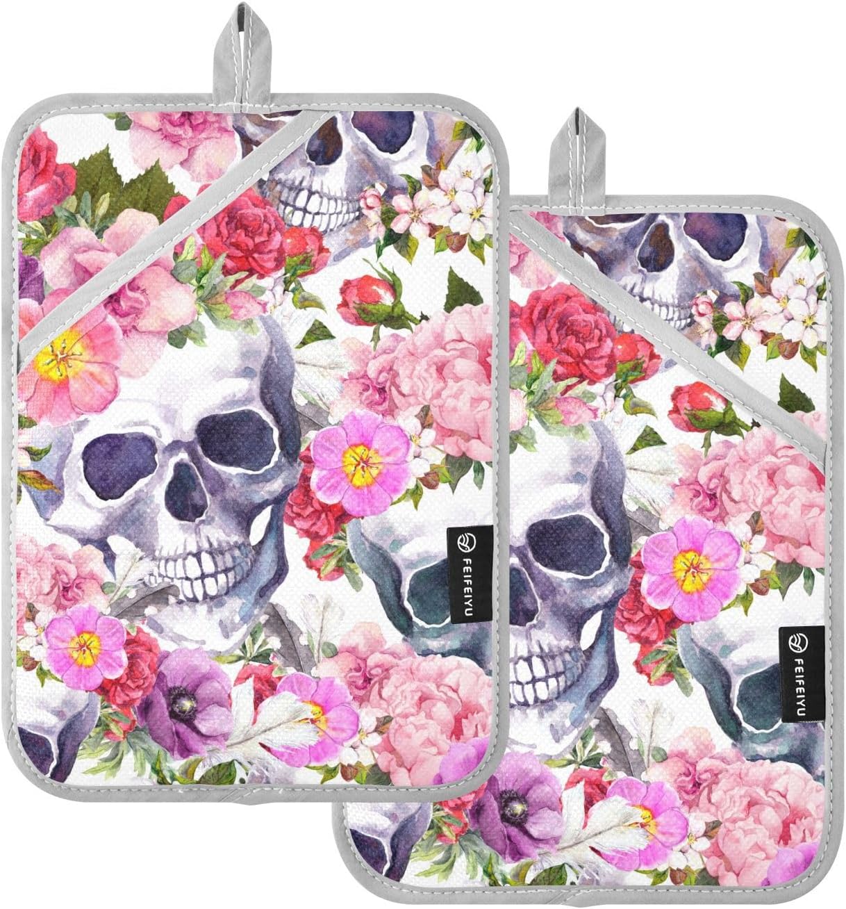 Summer Halloween 2-Piece Potholders Floral Skull Heat-Resistant Kitchen mitts