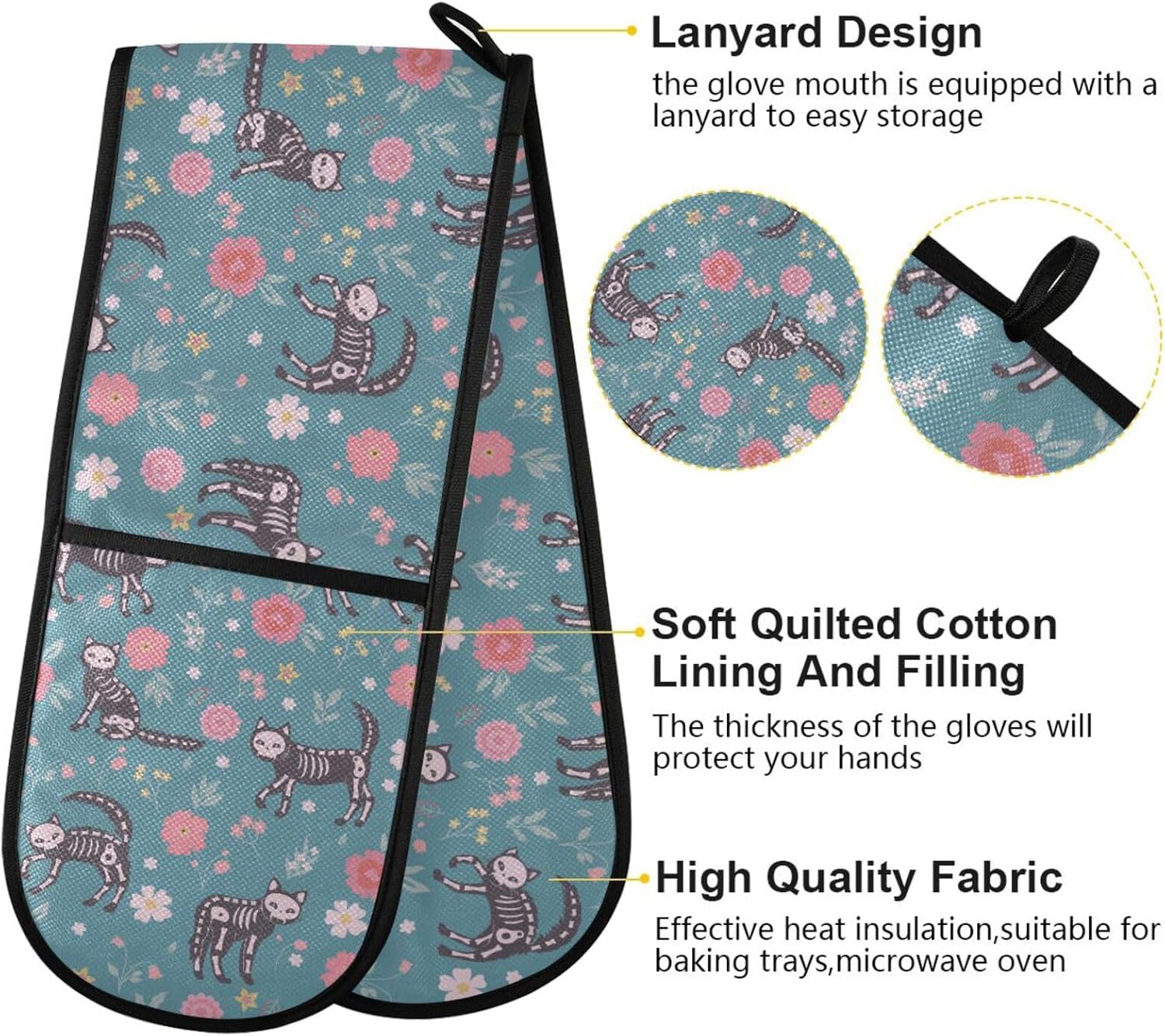 KLL Skeleton Cats Flowers Halloween Double Oven Mitts