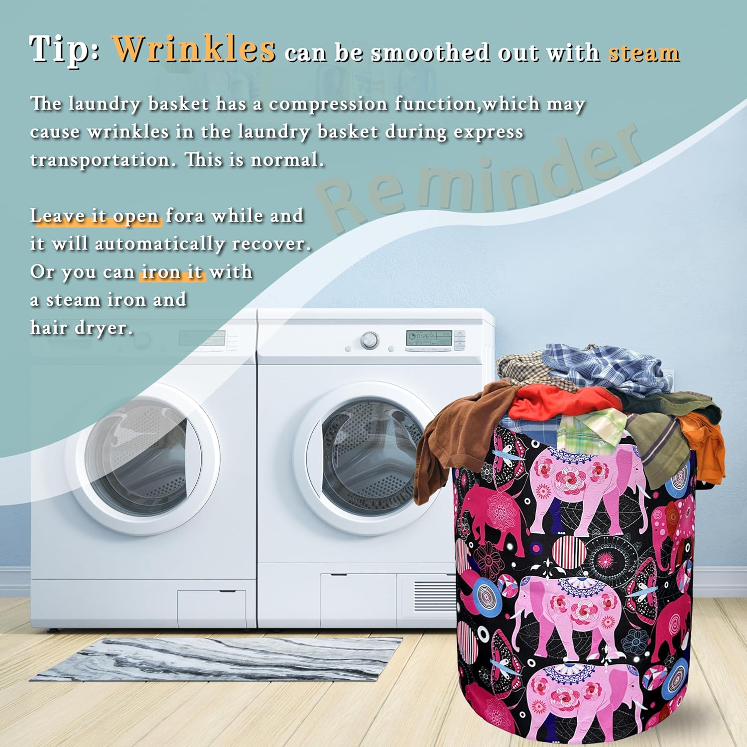 Pink Mandala Elephants Foldable Laundry Basket with Handles