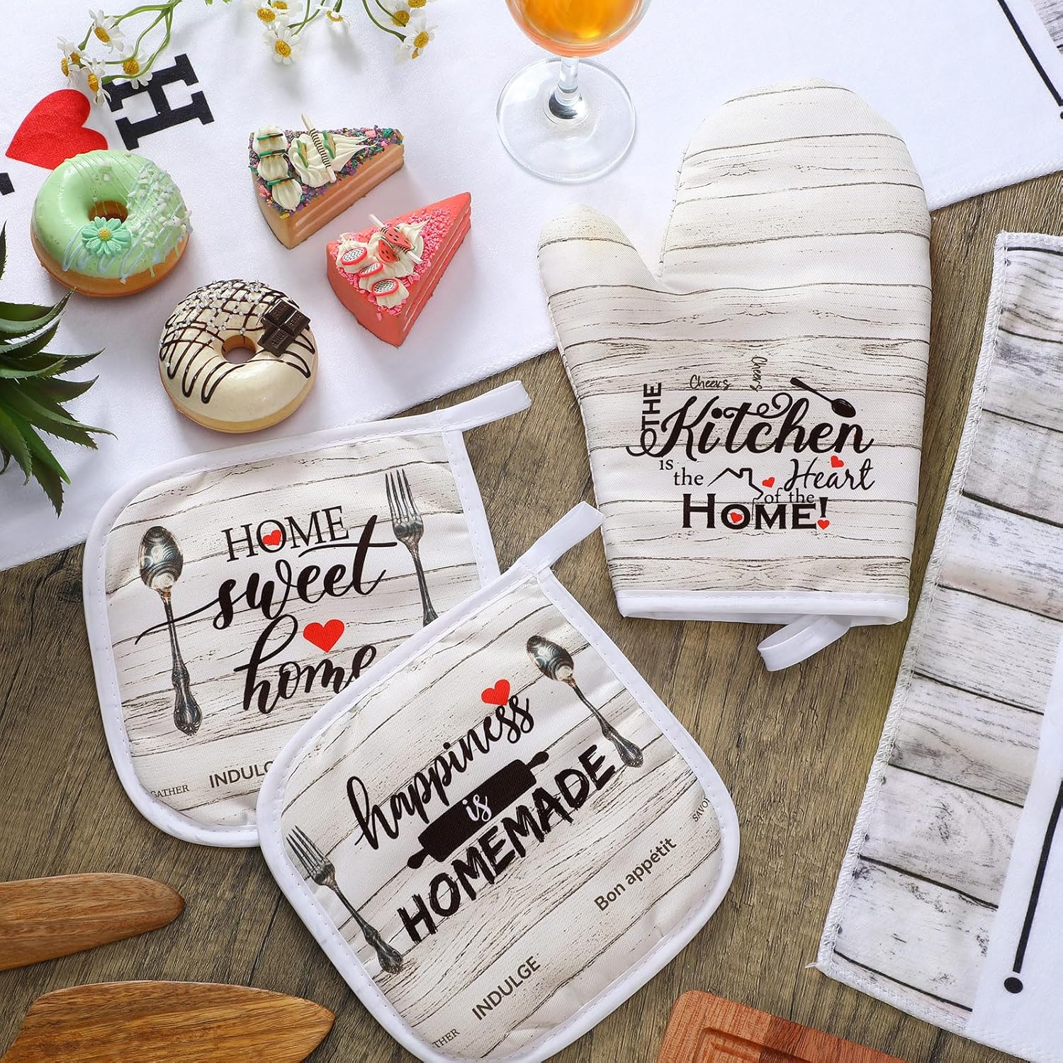Rtteri 5 Pcs Farmhouse Dish Towels Oven Mitts Set