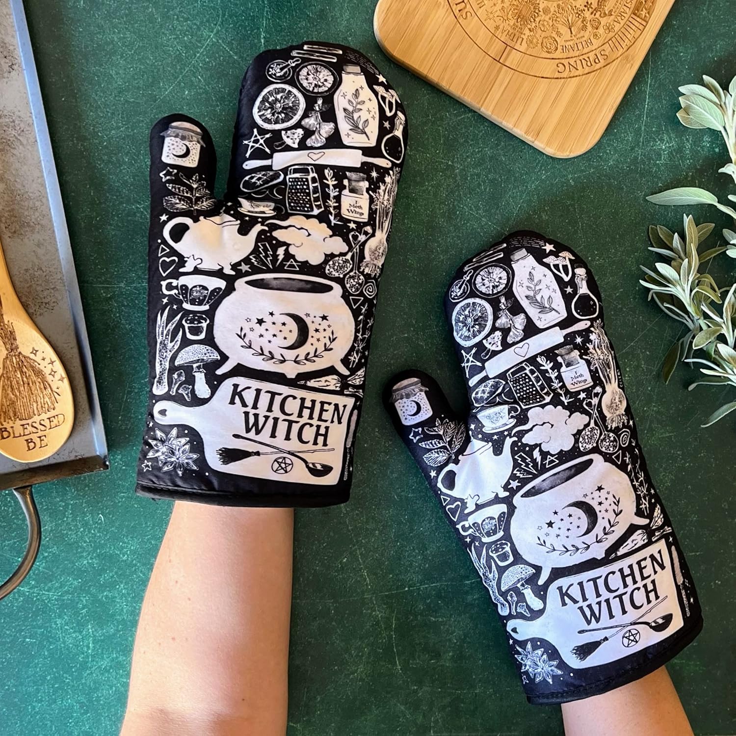 Halloween Oven Mitt Set Witchy Decor Triple Insulated Waterproof Safe