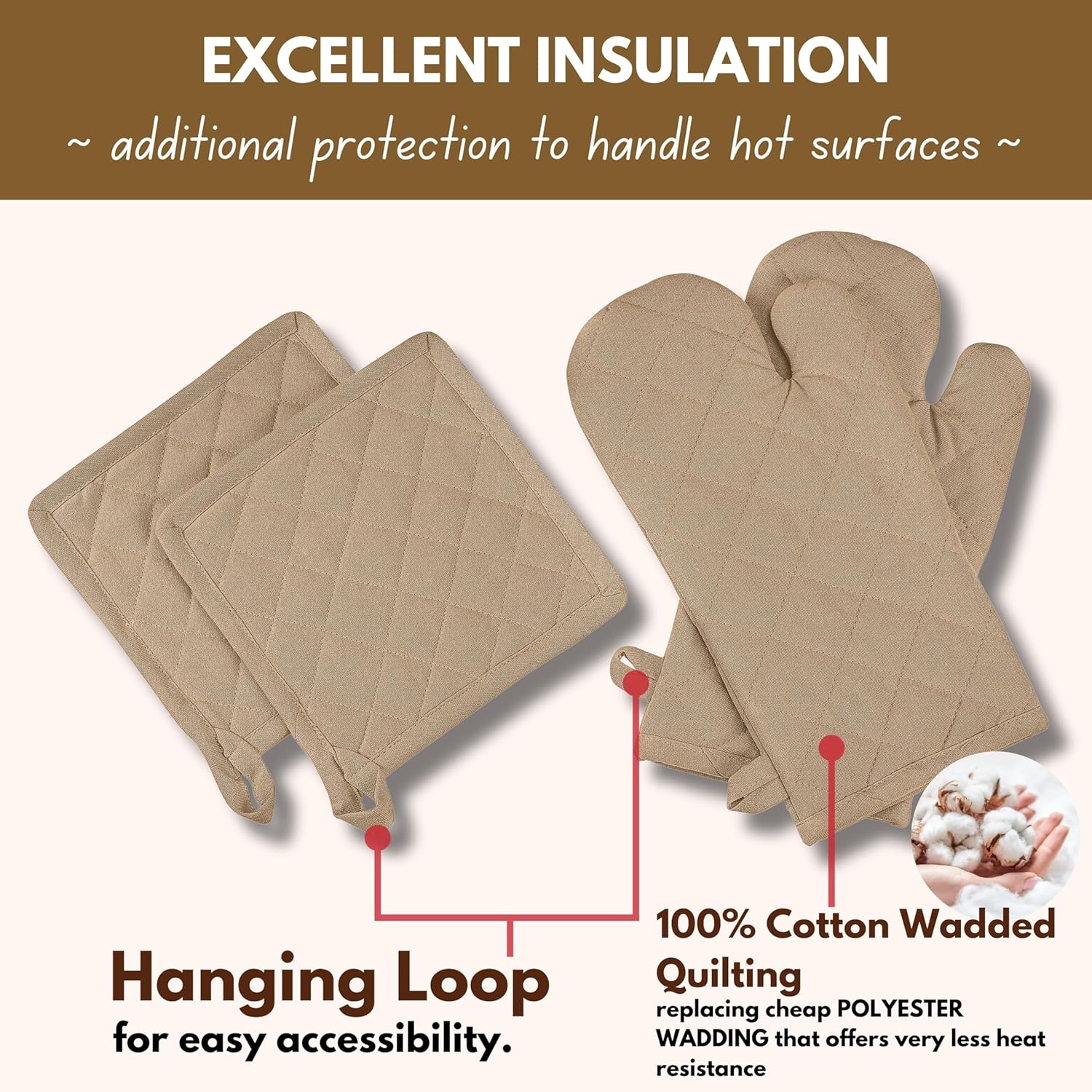 Native Fab 4-Piece Cotton Oven Mitts and Pot Holders Set - Beige