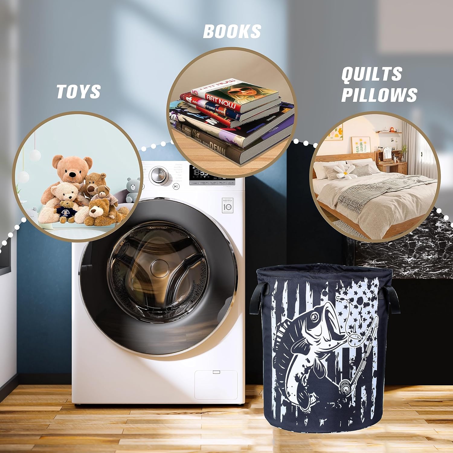 American Flag Bass Fish Multi-Fun Styley Folding Cloth Laundry Basket