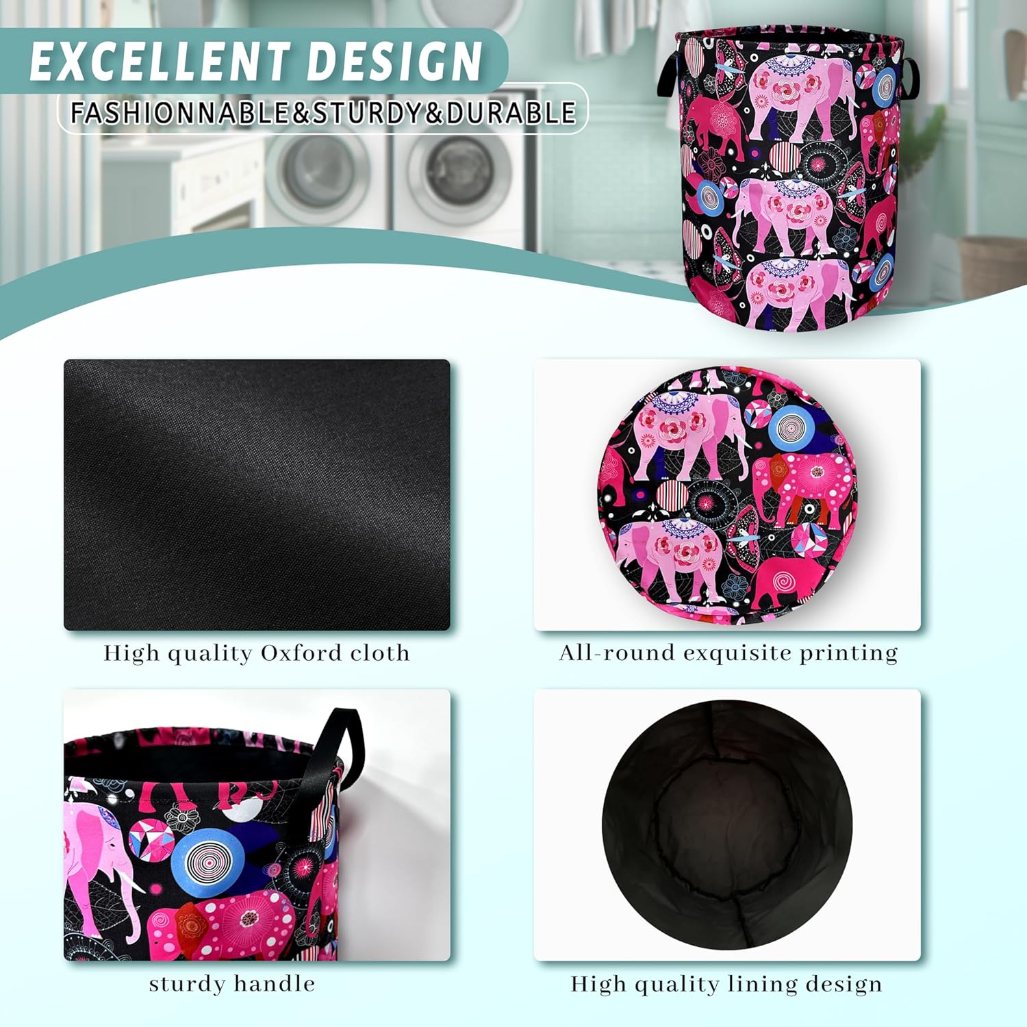 Pink Mandala Elephants Foldable Laundry Basket with Handles