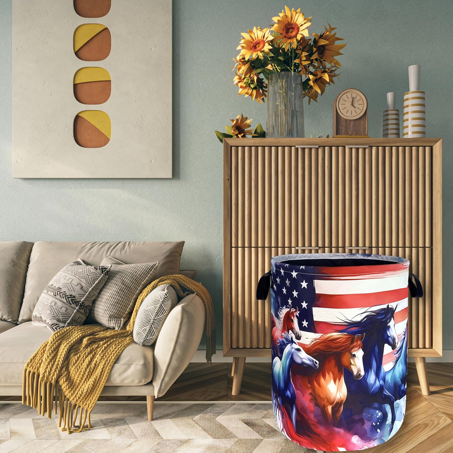 American Flag Horse Laundry Basket Foldable Oxford Cloth Storage Bucket