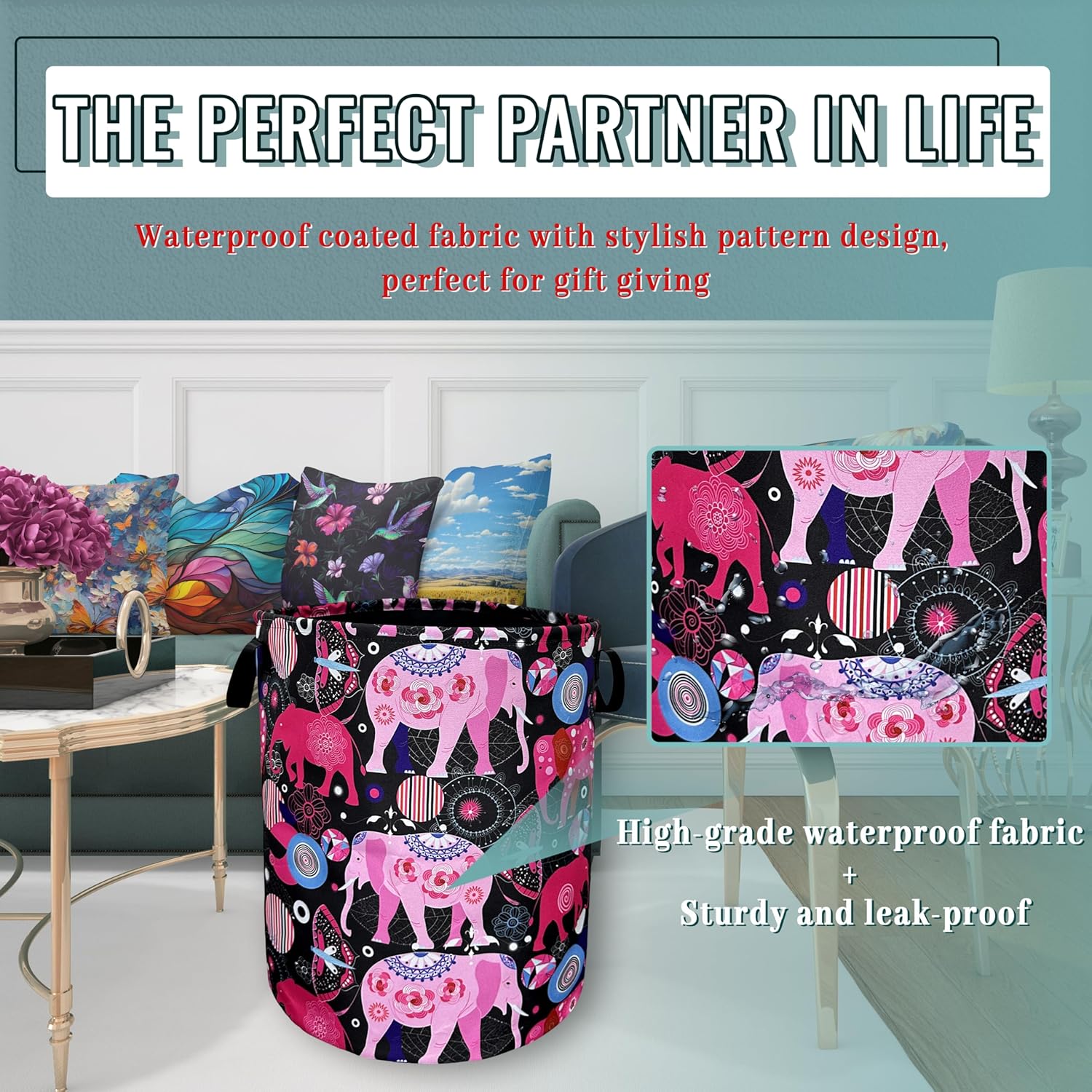 Pink Mandala Elephants Foldable Laundry Basket with Handles