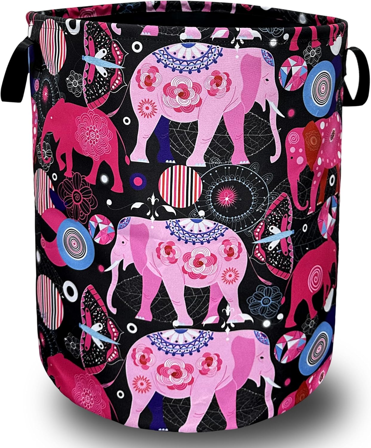 Pink Mandala Elephants Foldable Laundry Basket with Handles