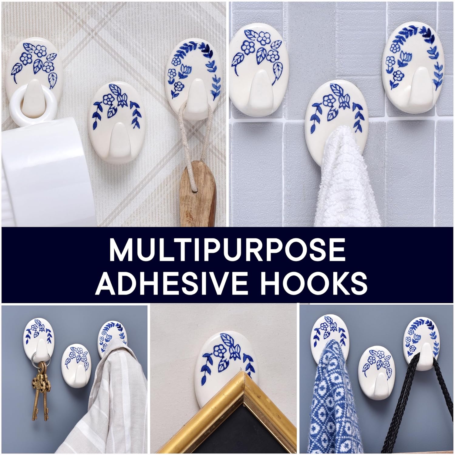 3 Hooks 6 Strips - White Blue Coats Towels Hanging Hook