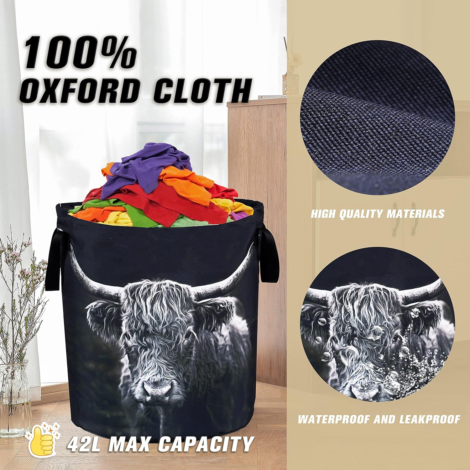 Highland Cow Laundry Basket Foldable Animal Storage Bag for BathroomLaundryBedroom Use