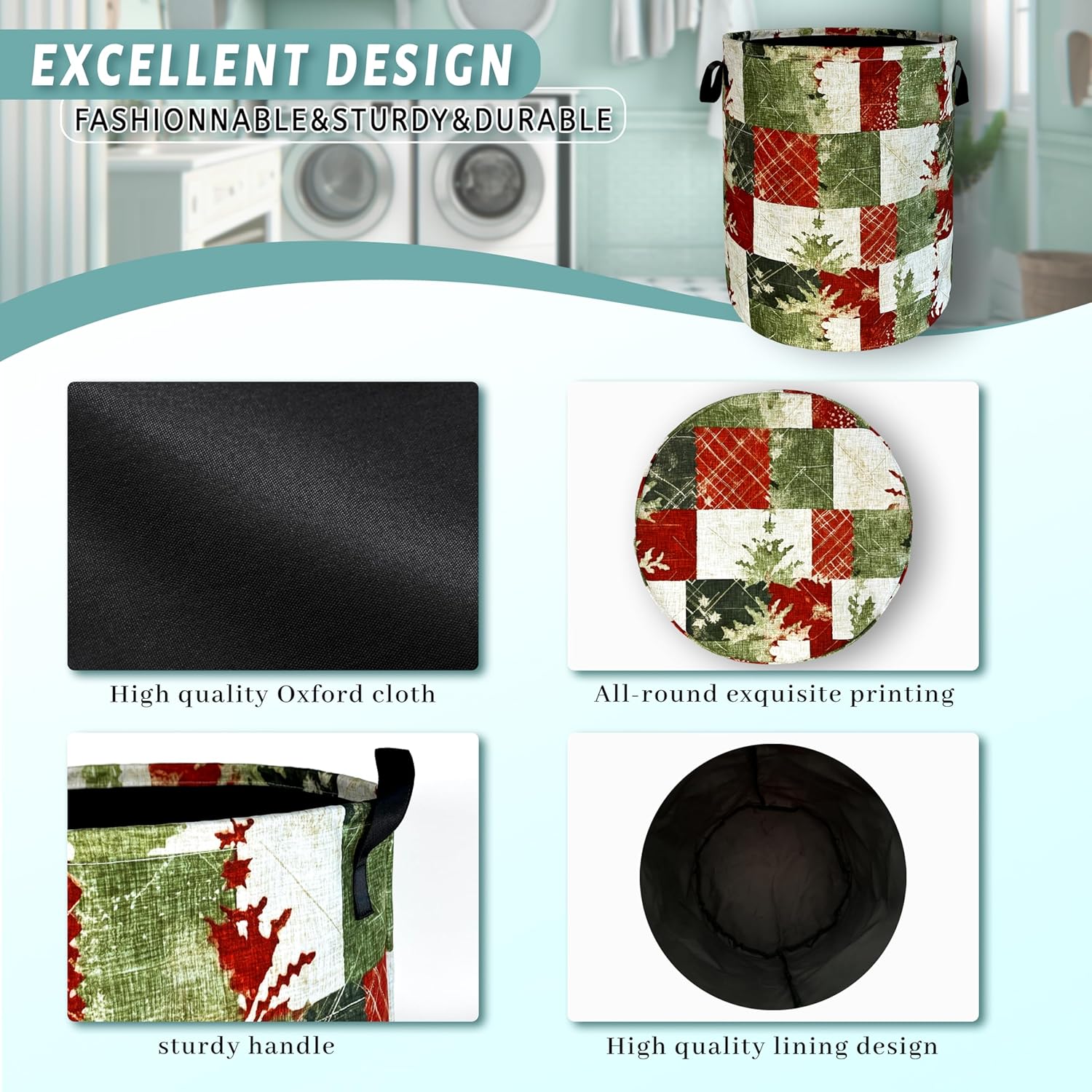 Christmas Laundry Basket with Tree Print Foldable Oxford Tote Bag