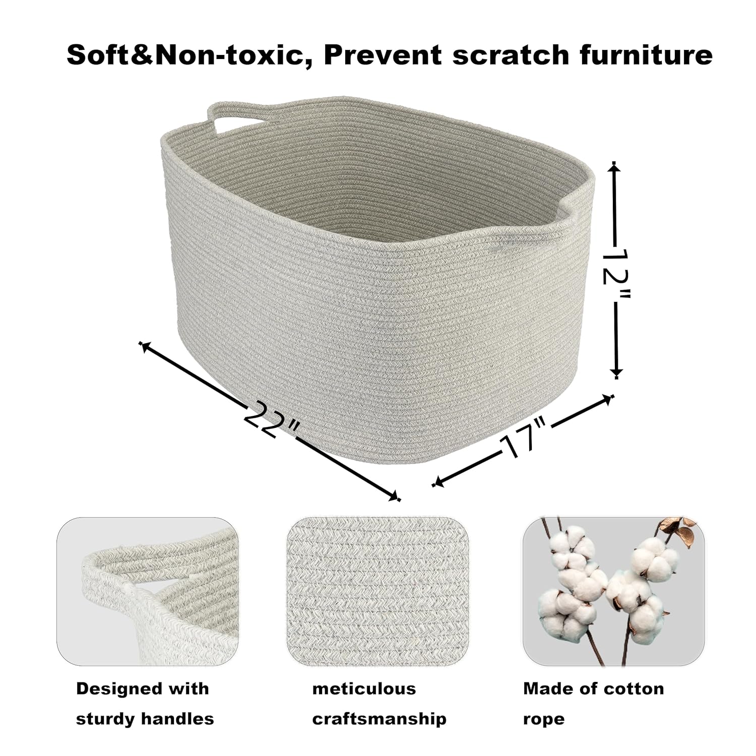 Large Cotton Rope Rectangle Storage Basket for Blankets and Toys