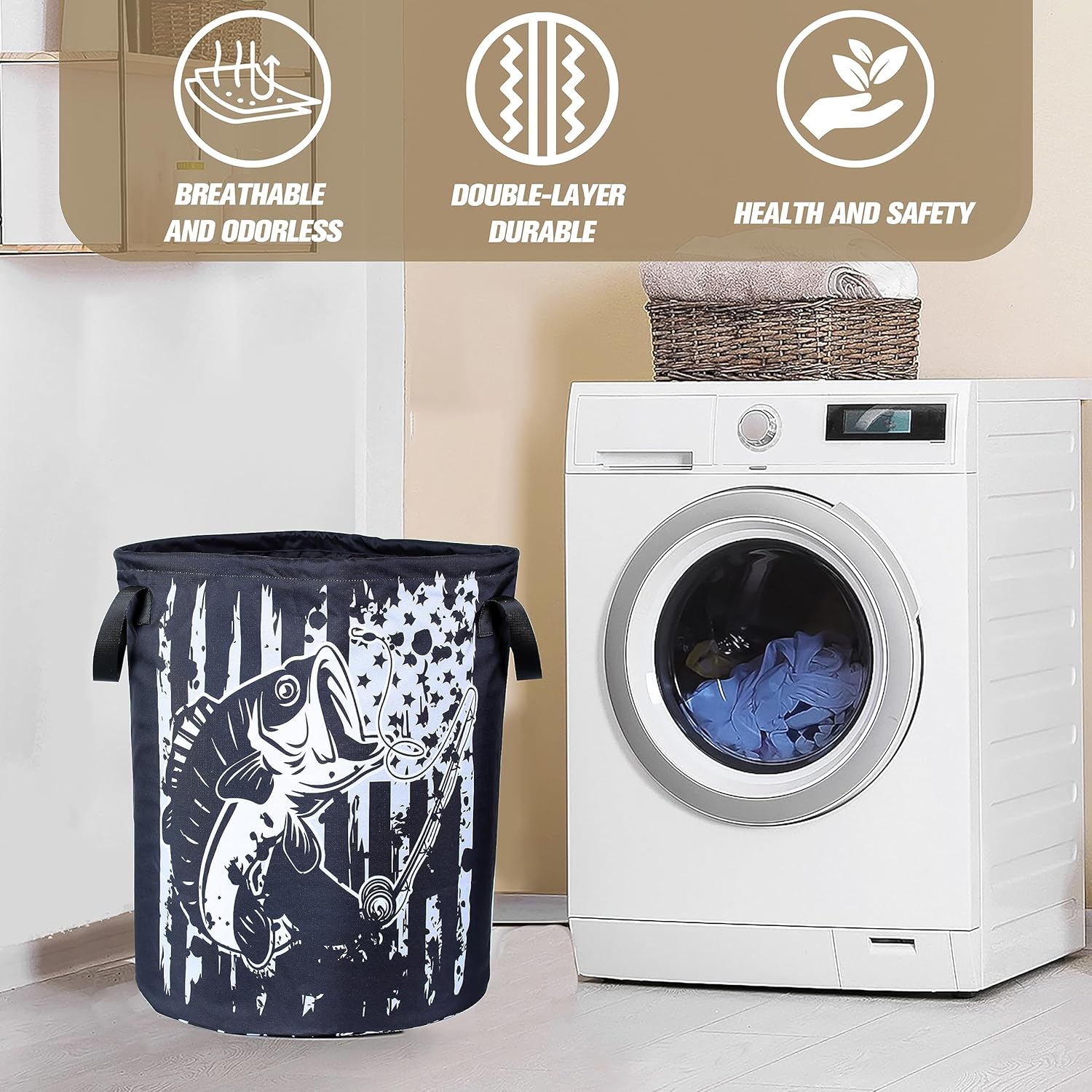 American Flag Bass Fish Multi-Fun Styley Folding Cloth Laundry Basket